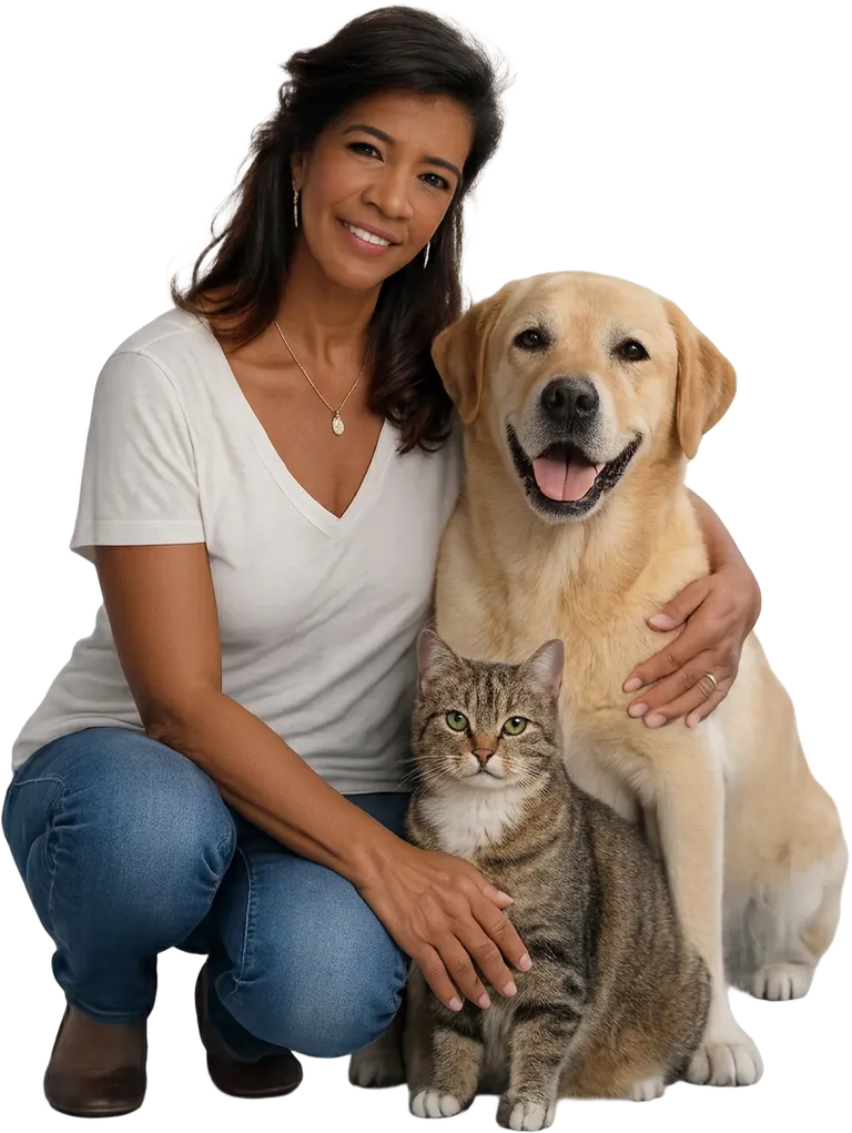 Cris Almeida, a Tia Cris, ao lado de um cachorro e um gato